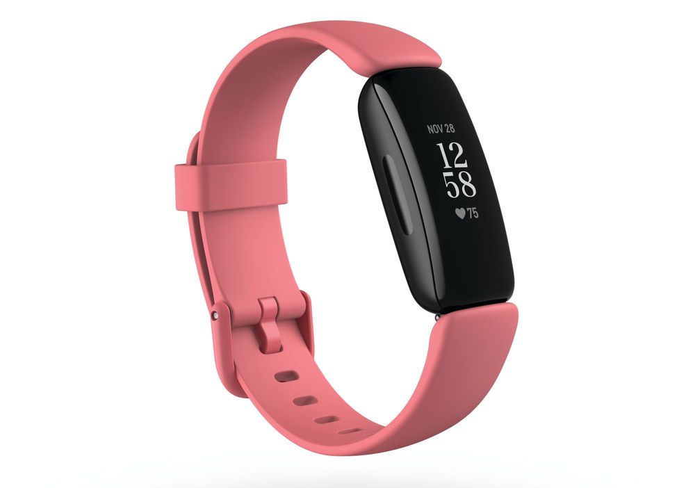 Product render of Fitbit Inspire 2, 3QTR view, in Desert Rose and Black.
